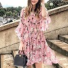 花柄ひらひら膝丈ワンピース ピンク